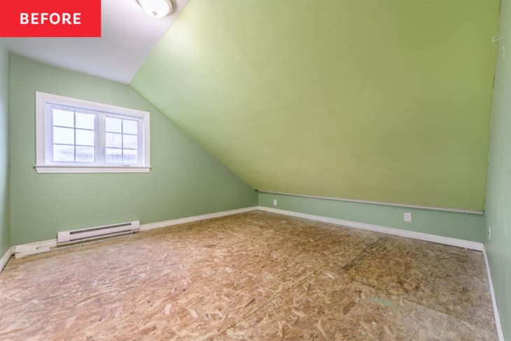 Plywood floors in room before being renovated.