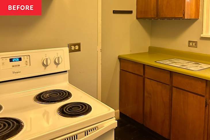 Yellow countertops in vintage kitchen before renovation.