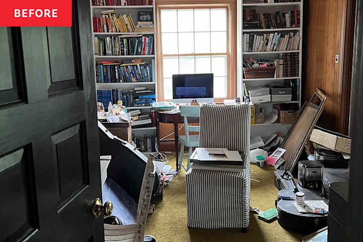 Dated green carpet in messy home office before renovating.