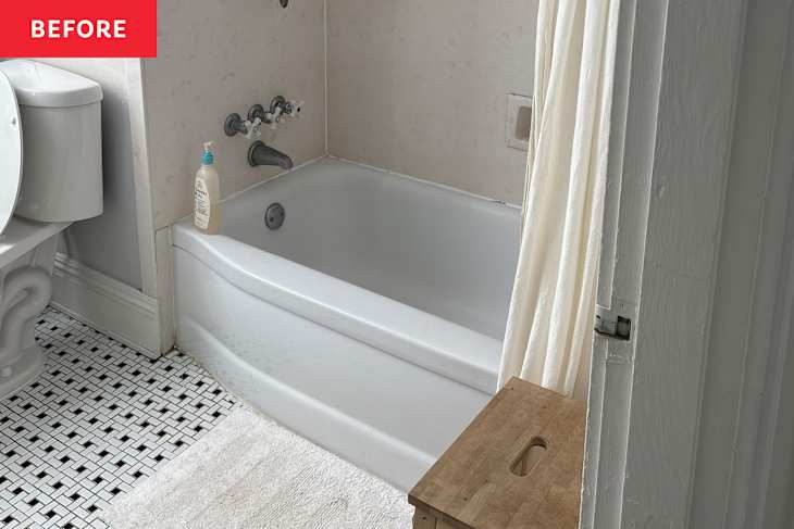 Bathroom with a white bathtub, shower curtain, wooden stool, and black and white tiled floor.