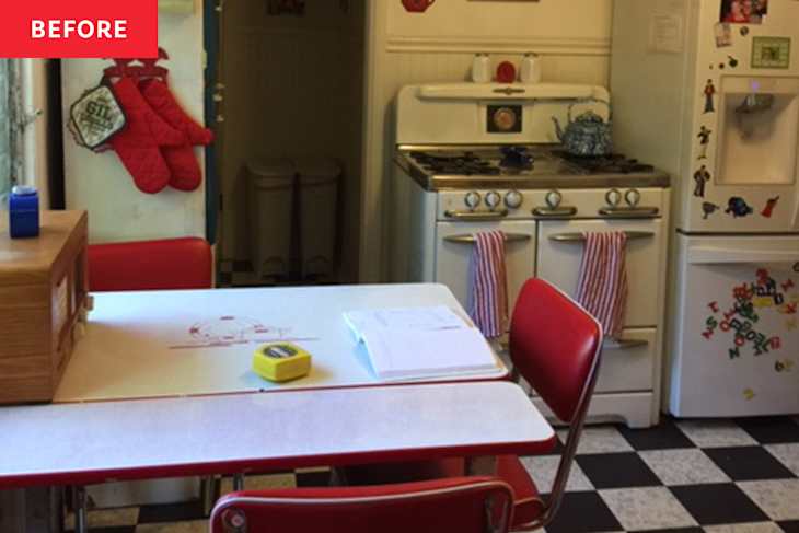 A retro kitchen with a red and white table, red chairs, a vintage stove, and a refrigerator covered in magnets.
