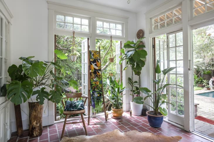 Sunroom with large windows, potted plants, a wooden chair, and a view of a garden and pool.