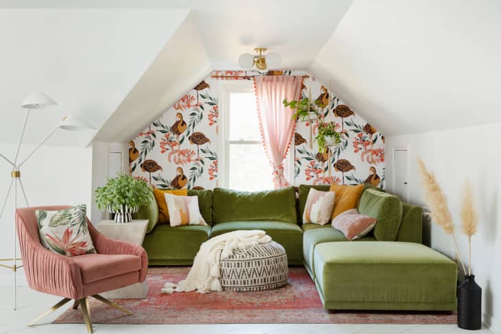 bedroom with pink sheer window treatments