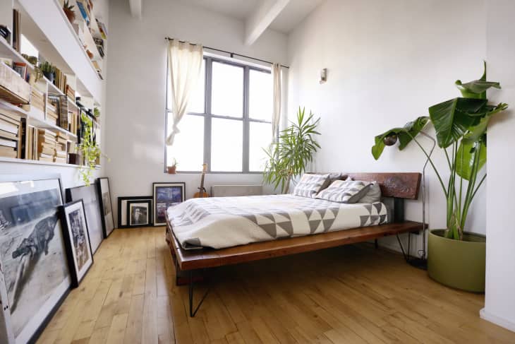 Bedroom with wooden bed, geometric bedding, large plants, bookshelves, and framed art on the floor.