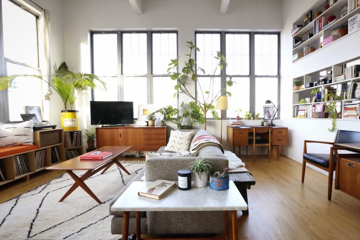 Bright living room with mid-century furniture, large plants, bookshelves, and a cozy seating area.