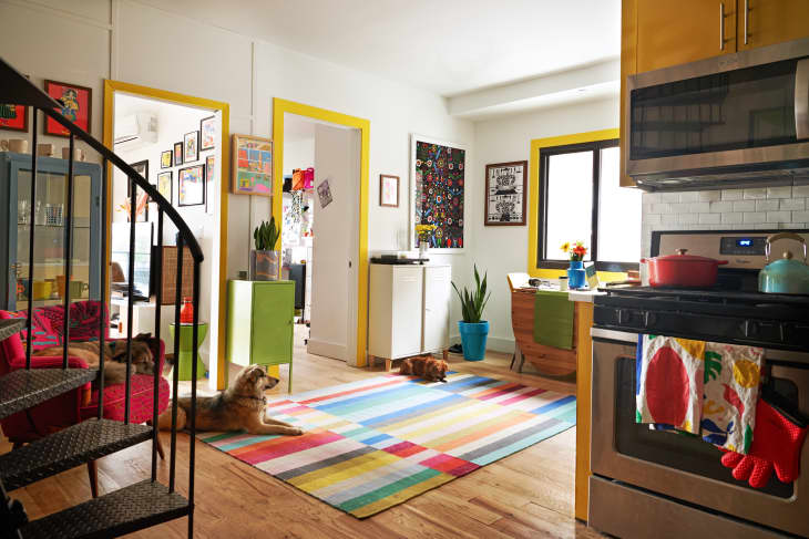 Colorful kitchen with yellow cabinets, striped rug, spiral staircase, and two dogs lounging on the floor.
