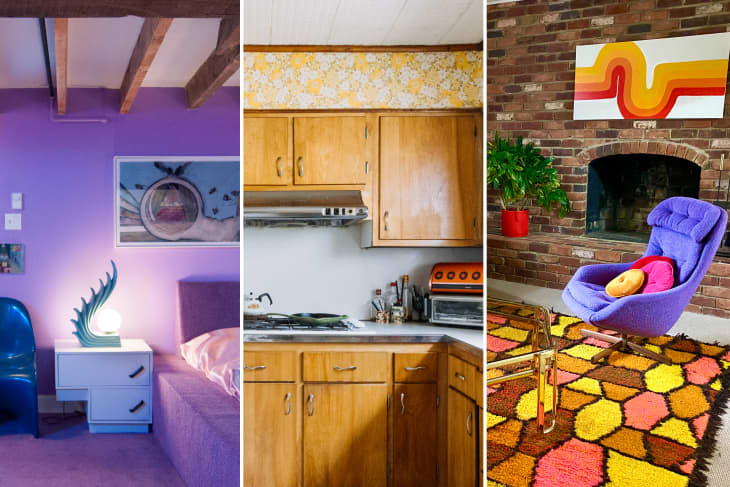 Purple bedroom with modern lamp, retro kitchen with wood cabinets, and cozy living room with purple chair and colorful rug.