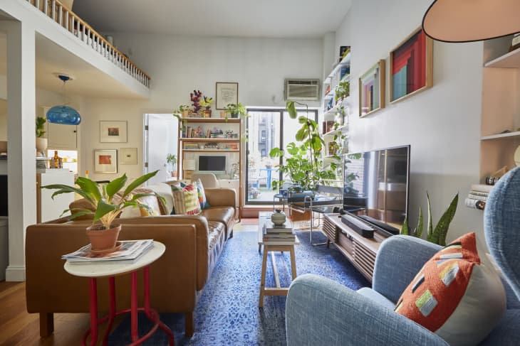 Cozy living room with brown leather sofa, blue armchair, vibrant cushions, large TV, and lush green plants by the window.