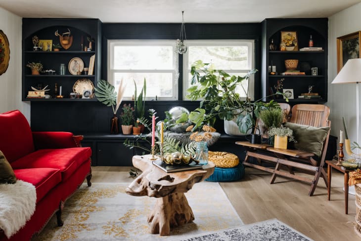 Plant filled sitting room with open shelves and bench  on dark painted wall with red velvet sofa and wood edge coffee table in center of the room.