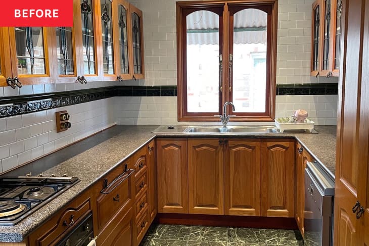 80s style kitchen with wood cabinets before remodel