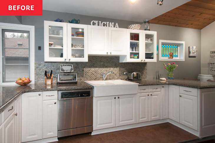 Gray and white kitchen before renovation.