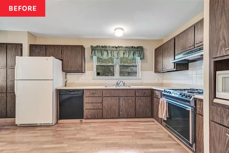 beige outdated kitchen with wood cabinets before remodel