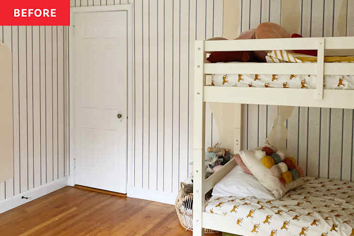 Bunkbed in bedroom with striped wallpaper before renovation.
