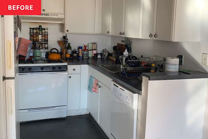 white kitchen with white cabinets before makeover