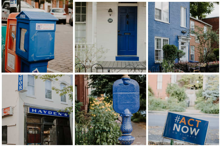 Collage of blue-themed elements: mailbox, door, house, store sign, hydrant, and climate action sign.