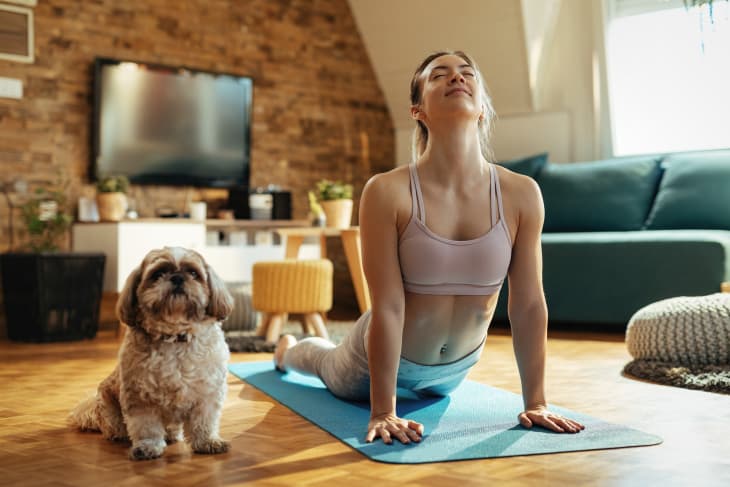 Woman does yoga on mat in living room with dog