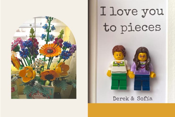 Lego flower bouquet and framed lego people on colorful background