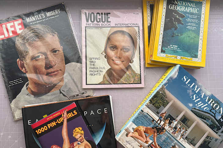 Vintage magazines displayed.