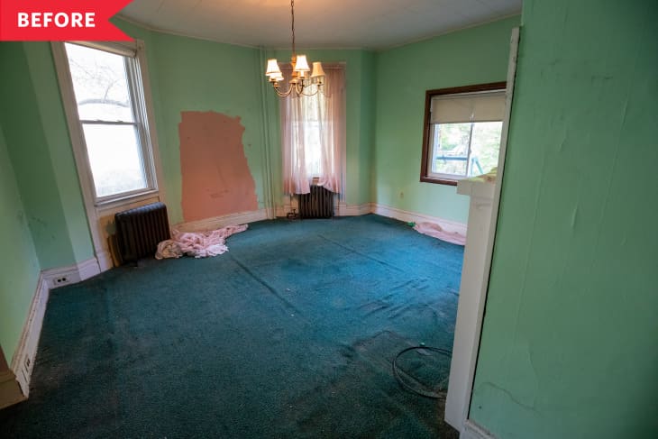 Before: Dining room with green walls and carpeting