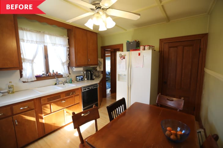 Before: Small kitchen with yellow walls and brown cabinets, doors, and table