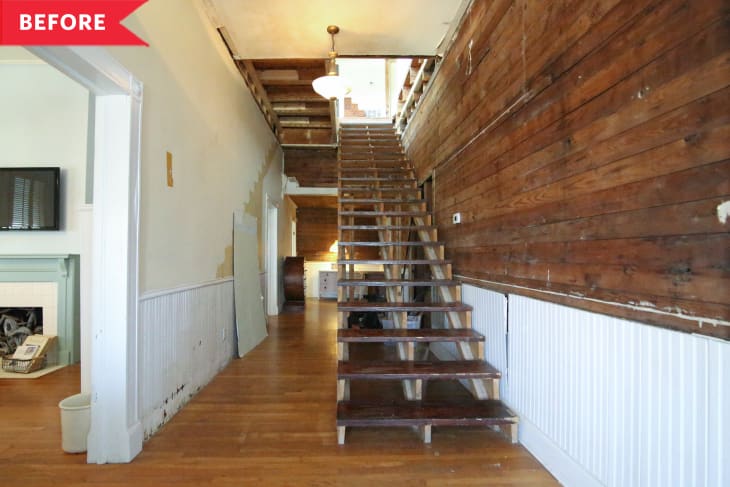 Before: Unfinished, unsafe wood stairs with no railing