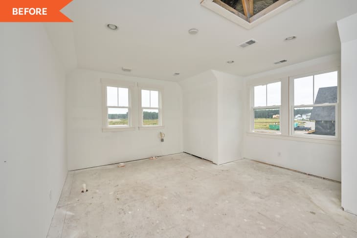 Empty room with white walls, large windows, and unfinished floor, labeled "Before" in the top left corner.