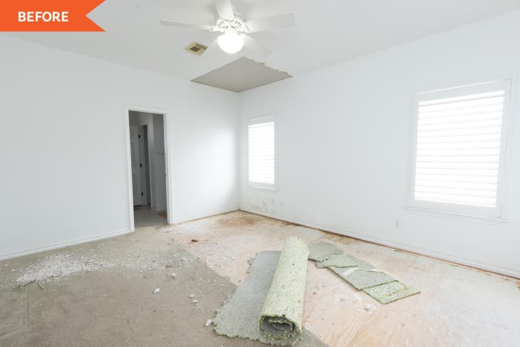 Empty room with damaged ceiling, rolled-up carpet, and debris on the floor, labeled "Before" in the corner.