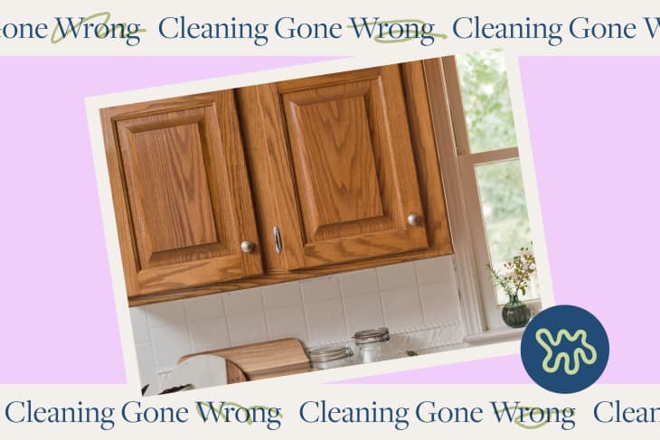 Wood cabinets in kitchen next to window. Text around the image says "Cleaning Gone Wrong" (story is about how to clean buildup on cabinets)