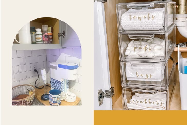 2 photos: left: Keurig, mug, milk frother on counter with mugs and vitamins on a shelf above. right: stack of 4 labelled clear organizers with towels, cotton pads, bags, and scrubbers