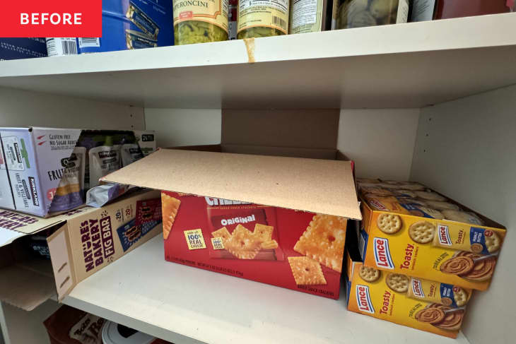 shelf in pantry with cracker boxes open