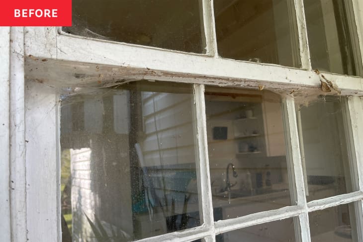 Exterior window with spider webs before cleaning.
