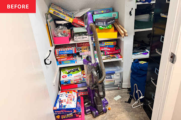 Game closet before organizing.