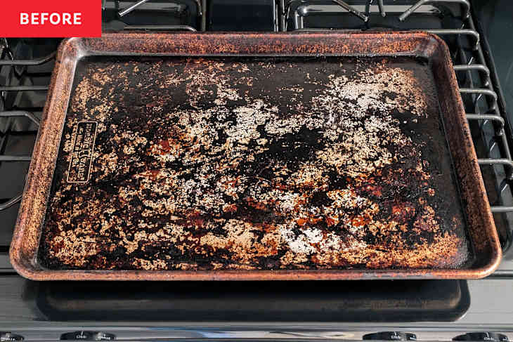 Sheet pan before cleaning.