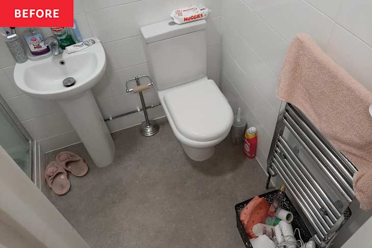 Toiletries in bathroom before being organized.