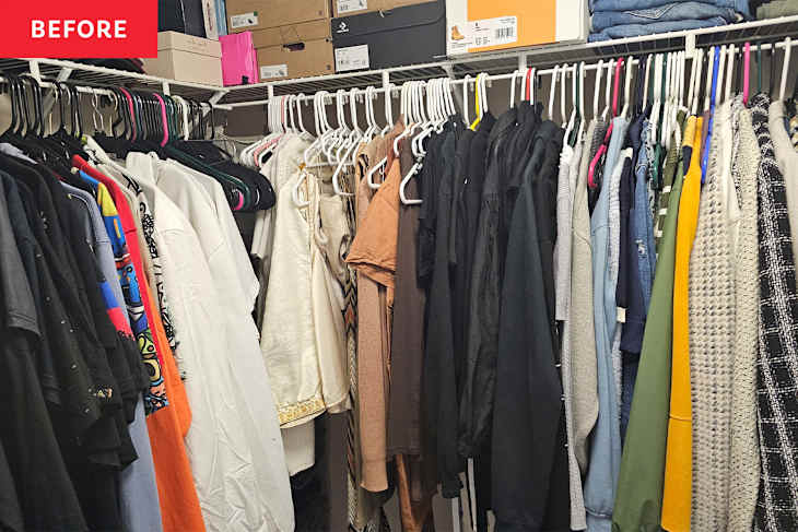 unorganized hanging clothes in closet