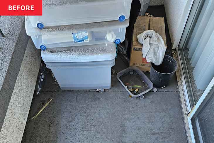 Dirty porch before using wet-dry vacuum.