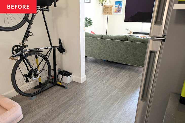 A black bicycle mounted on a stand next to a pink pet bed, with a green sofa and TV in the background.