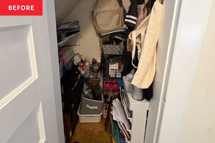 Messy closet before being organized.