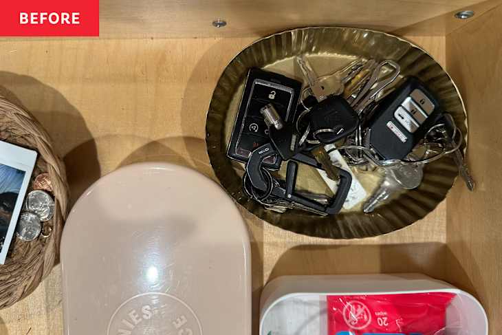 Bowl of keys in drawer.