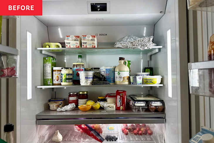 Refrigerator before organizing with lazy Susan.