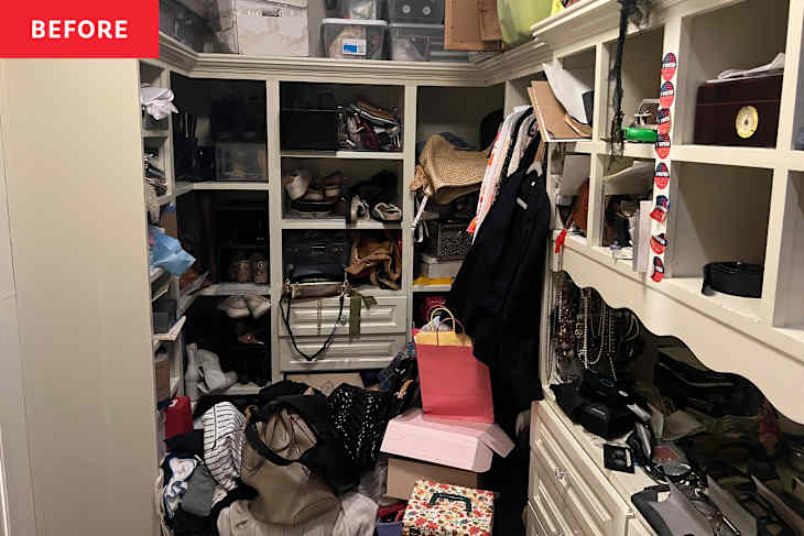 A cluttered closet filled with shoes, bags, clothes, and storage boxes, with items spilling onto the floor.
