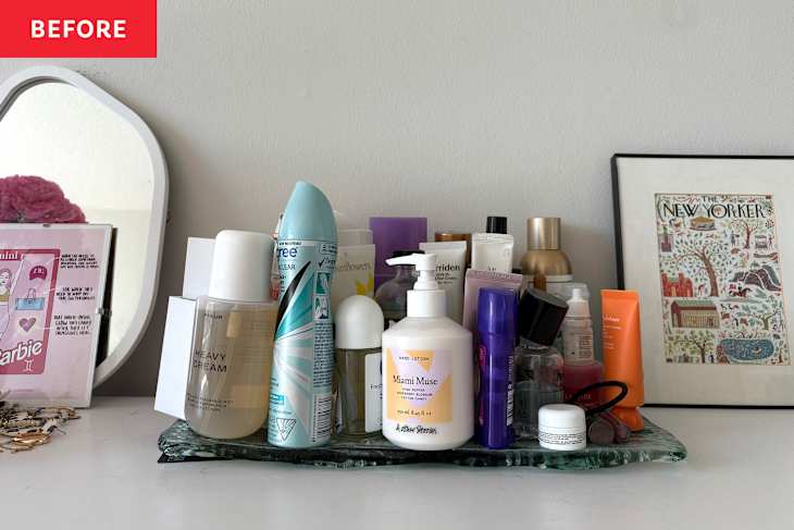 Toiletries on dresser before organizing.