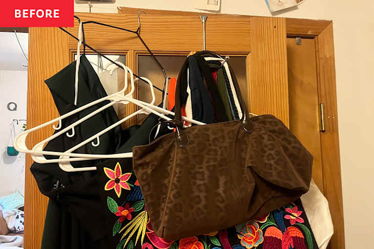 Handbags hung on over the door rack before organizing.