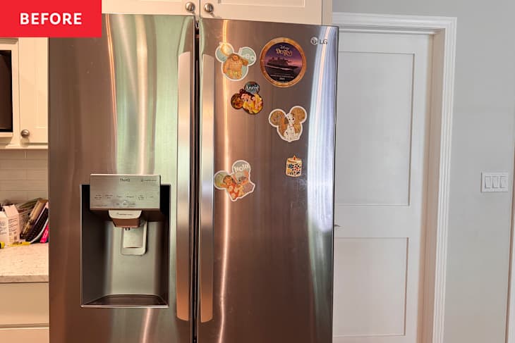 Front of stainless steel refrigerator before adding magnetic dryer sheet holder.