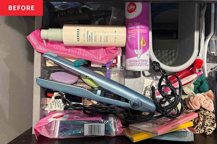Bathroom drawer before organizing.