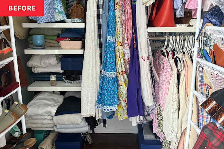 A cluttered closet with hanging clothes, stacked sweaters, and various accessories on shelves.