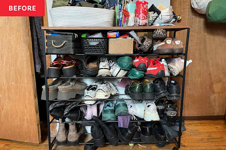 Shoes on messy entryway rack.