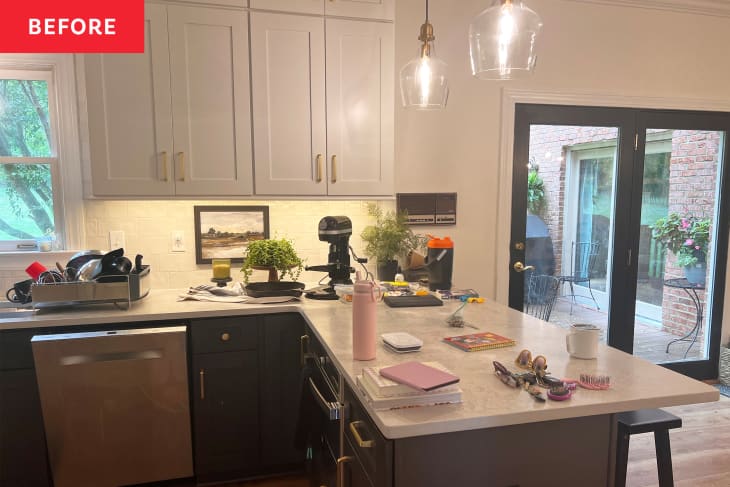 Kitchen before using 5x5 cleaning method: things on countertops, disorganized, messy