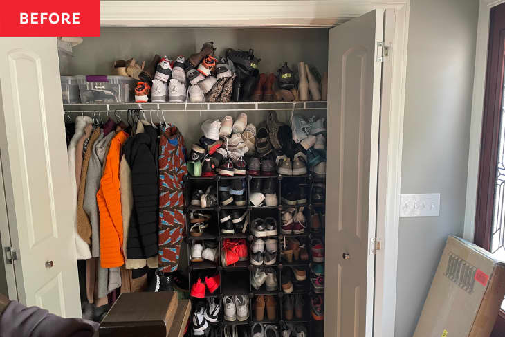 Before: a white closet with shoes stacked on the top and side shelves
