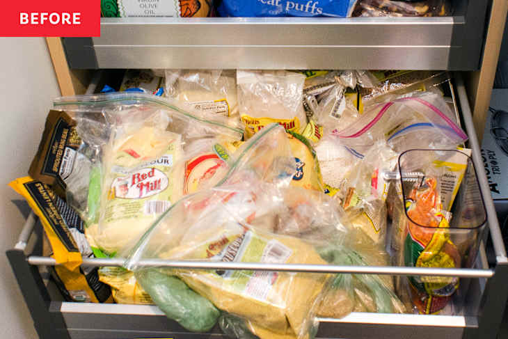 Pantry before and after reorganizing with square and rectangular containers, labels, and baking sheets.